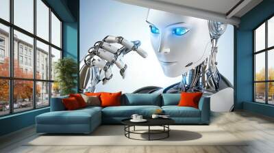 A futuristic robot artist with metallic limbs and glowing eyes creating a stunning digital masterpiece on a transparent screen Wall mural