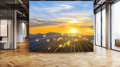 An aweinspiring scene capturing the natural beauty of a sunrise merging with a digital world, as cascading rays of light and glowing particles dance across the sky Wall mural