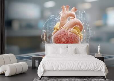 The stock photo features a digital hologram of a human heart displayed on a medical background Wall mural