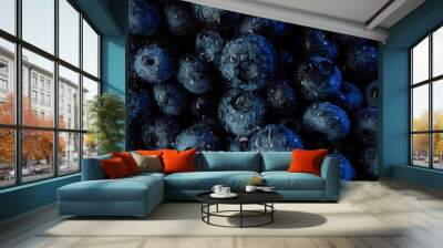 Extreme macro blueberries background. Fresh ripe summer organic berries harvest. Wall mural