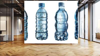 Four clear plastic water bottles filled with sparkling water isolated on a white background, showcasing various sizes and shapes. Wall mural