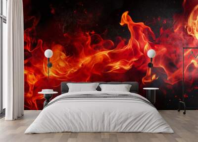 Dynamic orange and red flames lick upwards against a deep black background, creating a sense of power and destruction Wall mural