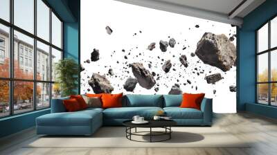 Swarm of asteroids rock debris isolated on white background. Asteroid belt. Meteorites. High resolution 3D rendering.  Wall mural