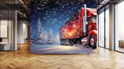 A big red New Year's truck on a snow-covered road among Christmas trees. Holiday concept. Wall mural