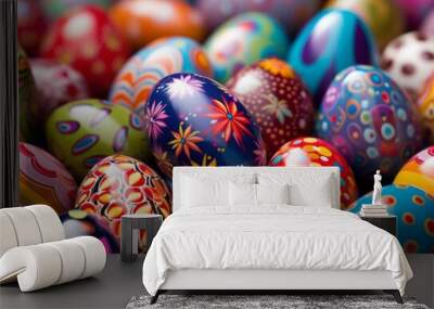 A close-up of numerous Easter eggs with intricate designs and patterns in a vibrant celebration of color Wall mural