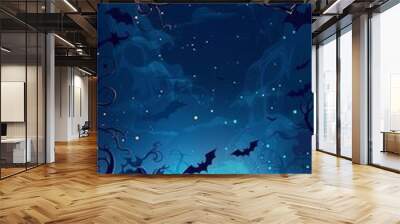 A digital illustration of enchanted Halloween scenery with glowing pumpkin lanterns and bats flying in a mystical blue forest Wall mural