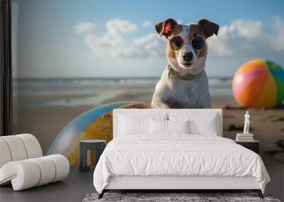 A playful dog is captured in a lively pose with a vibrant beach ball against the backdrop of a beautiful beach Wall mural