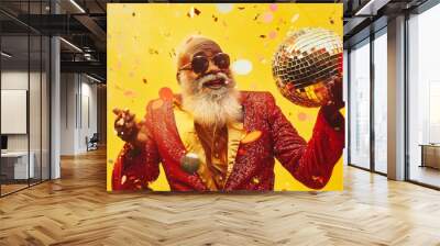 A vibrant character in a sparkling red suit with a disco ball suggests celebration and fun Wall mural