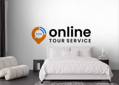 online tour travel service logo. pin place icon. chat bubble vector template with signal symbol  Wall mural