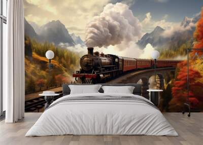 Old steam train on arched bridge in mountain Wall mural