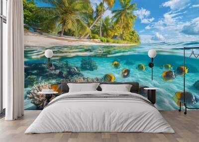 Tropical beach and coral reef fish underwater Wall mural