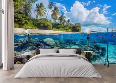 Tropical beach and coral reef fish underwater Wall mural