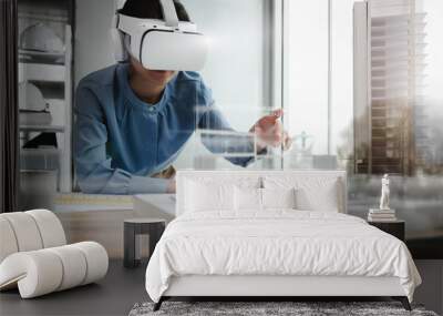 Architects female wearing virtual reality headsets for work with virtual reality modeling software applications. Use Virtual Reality Modeling and BIM Technology in the Building complete. Wall mural