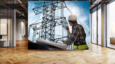 Electrical engineer control wiring electric power on steel tower,  Electric construction and maintenance services throughout, Electric Power Transmission Infrastructure, Highest voltage transmission Wall mural