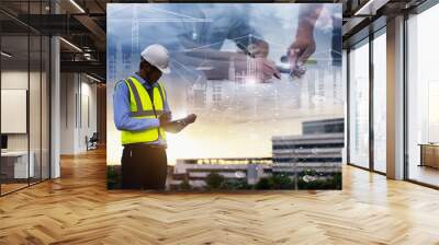 Engineering Consulting People on construction site holding tablet in his hand. Management in business workflow and Building inspector with BIM technology in Construction Project. Wall mural