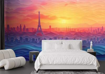 3d papercuts view of Paris skyline at sunset landscape. Abstract Eiffel Tower surreal background. Watercolor painting of historic cityscape and famous landmark, travel europe contemporary artwork. Wall mural