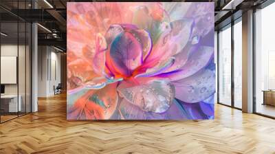 Abstract artistic flower background, close-up macro flower with water droplets, modern contemporary 3d digital art, colourful jewelry crystal texture, surreal fantasy floral nature landscape wallpaper Wall mural