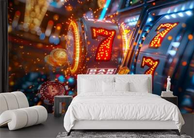 Abstract casino slot machine background. Colourful online casino banner 777 big winning symbol of gold jackpot, casino bar celebration light graphic. Entertainment leisure concept 3d digital artwork. Wall mural