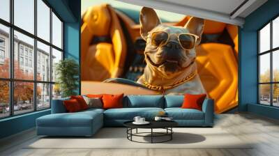 Animal driving a car. Cool dog in a luxury convertible car, wearing an expensive sunglasses and fashionable gold collar. Creative animal pet funny character 3d modern trendy digital artwork wallpaper. Wall mural