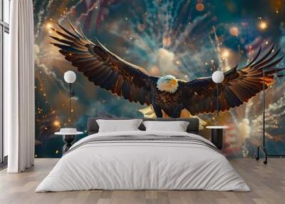 Celebration 4th of july independence day. Bald eagle flying, american flag and fireworks background. Patriotic memorial day, Veterans day illustration. Creative unique animal 3d digital artwork banner Wall mural