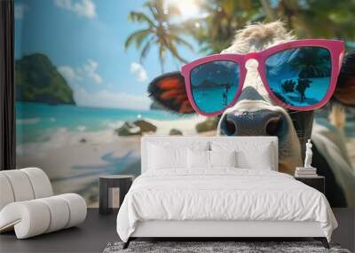 Cool cow wearing sunglasses, tropical palm tree beach background. Humorous portrait of funny cartoon character holiday maker cow, happy farm animal drawing 3d unique design digital artwork wallpaper. Wall mural