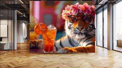 Cool party animal drinking cocktail on summer vacation, holiday maker tiger with sunglasses flower crown. Luxury resort hotel pool bar background. Creative 3d digital artwork hipster character travel. Wall mural