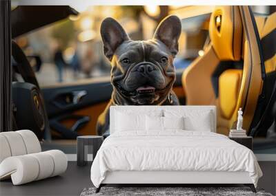 Dog's Luxurious Life. Cool bulldog driving sit on leather seat of luxury model super sports car, wearing expensive collar, city landscape background. Funny pet animal 3d modern trendy digital artwork Wall mural