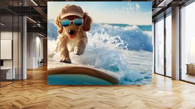 Dog surfing on surfboard. Cute happy golden retriever puppy dog on ocean wave. Funny pet animal cartoon illustration of adventure and courage in the ocean. Creative unique animal 3d digital artwork. Wall mural