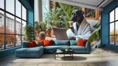 Dog using computer. Doberman working on laptop at home office, businessman dog in bathrobe drinking coffee, nature study room background, funny creative animal concept modern 3d unique digital artwork Wall mural