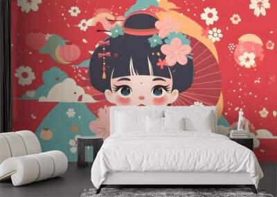 Fantasy anime girl in traditional Japanese sakura flower kimono, paper umbrella. Fashionable manga style 3d digital art cartoon, asian kawaii oriental background wallpaper landscape, new year card. Wall mural