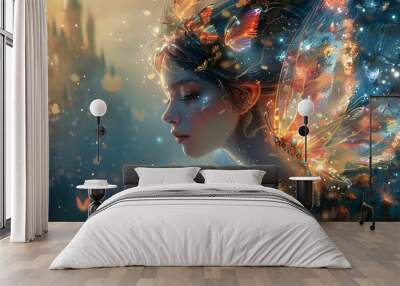 Fantasy landscape surreal illustration. Fairy princess in a flower garden with butterflies, grand castle and full moon background. Magical and romantic 3d rendering unique digital art. Wall mural