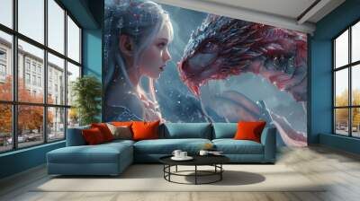 Fantasy warrior blonde girl princess with majestic dragon background, 3d render digital art illustration, lofi anime style cartoon surreal landscape, mysterious elf witch fairy tale medieval story. Wall mural