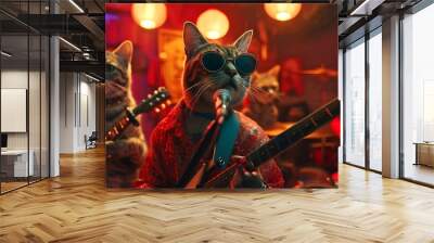 Funny cat music band playing guitar on stage for live crowd in a pub, concept of live music and performing on stage Wall mural