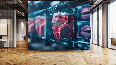 Future dental clinic tooth anatomy, advanced modern health care technology dentist, 3d illustration of holographic x-ray digital display, innovative dentistry science oral medicine implant treatment. Wall mural