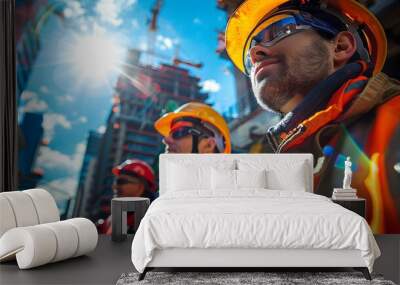 Happy diverse group of construction workers at building site, city landscape skyscrapers background. Confident mechanical engineering or architect team working together, modern 3d digital art banner. Wall mural