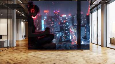 Lo-fi anime girl sitting by window listen to music, city neon skyline outside. Cool atmosphere animation manga style illustration wallpaper, sad rany night, chill jazz relax video streaming background Wall mural