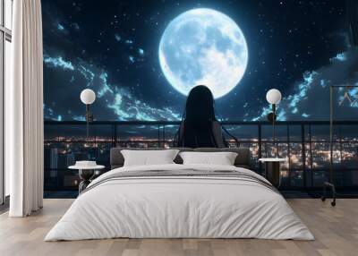 Lofi anime girl sitting alone on rooftop, looking at massive blue full moon, Tokyo city landscape with lights background. Peaceful quiet atmosphere 3d cartoon. Anime manga style cozy relax wallpaper. Wall mural