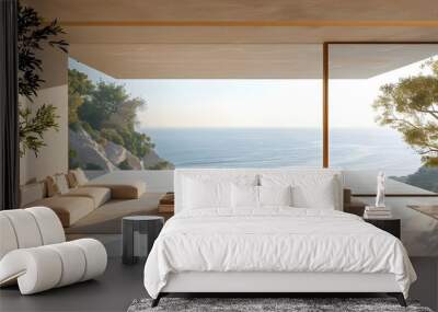 Luxury architecture, ocean front property landscape. Modern living room interior design with sleek contemporary designer furniture, minimalist decor large windows, panoramic coastal view background. Wall mural