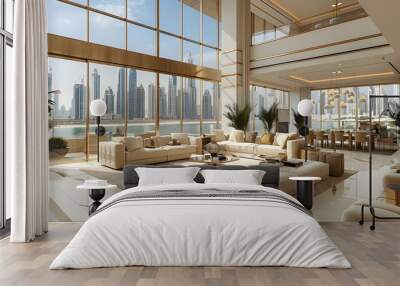 luxury architecture house in Dubai, 3d interior of contemporary art deco living dining room, modern expensive designer furniture, big glass windows, city skyline skyscraper, landmark tower background. Wall mural