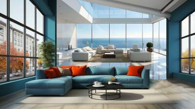 Luxury beach house living room, modern architecture, ocean front property landscape. Sleek contemporary designer furniture, minimalist deco interior, large window, panoramic coastal view background. Wall mural