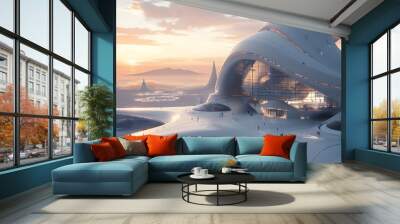 Modern luxury architecture building outdoor landscape, advanced minimalistic curved shape design, futuristic city skyline surreal sunset background, construction engineering technology 3d digital art. Wall mural