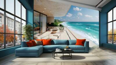 Ocean view home residential property. Modern luxury ocean front house, beach view balcony, holiday inspired art deco funiture. Tropical sunset scenic landscape background. Contemporary architecture. Wall mural