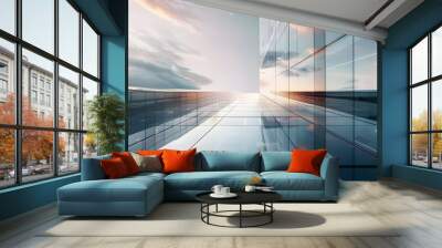 Skyscraper reflecting sunset background. 3d abstract architecture design of modern contemporary luxury building converging glass and steel. Perspective view landscape. Hi-tech sustainable architect. Wall mural