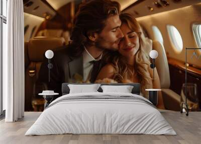 Wealthy couple hugging on private jet, famous stylish trendy people dressed in formalwear suit evening dress, happy finance rich luxury travel billionaire lifestyle concept. Wall mural