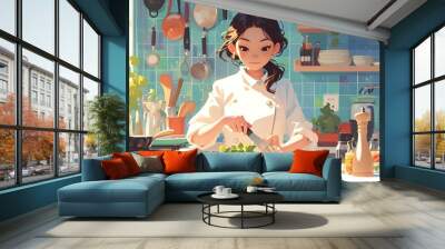 Young asian woman chef cooking preparing a food wearing uniform in kitchen at home restaurant. Cute watercolor illustration, lofi anime girl manga style, modern 3d digital artwork background banner.  Wall mural