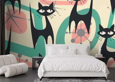 1950s Mid Century Modern Atomic Black Cats and Starbursts pattern. Seamless vector background in fifties style Wall mural