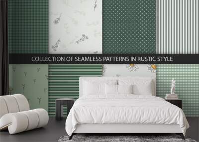 Collection of 8 pattern in rustic style. Plaid, dots, strips and daisy textures in green and white colors. Wall mural