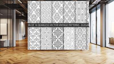 Geometric floral set of seamless patterns. Gray and white vector backgrounds. Simple illustrations. Wall mural