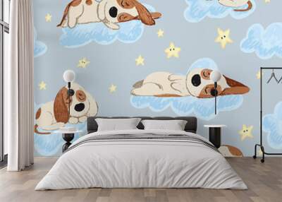 Good night seamless pattern with cute sleeping puppies, moon, stars and clouds. Sweet dreams background. Childish lovely doodle hand drawn vector illustration. Wall mural