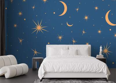 seamless pattern with suns, moons and stars. vector gold and blue illustration. print could be used  Wall mural